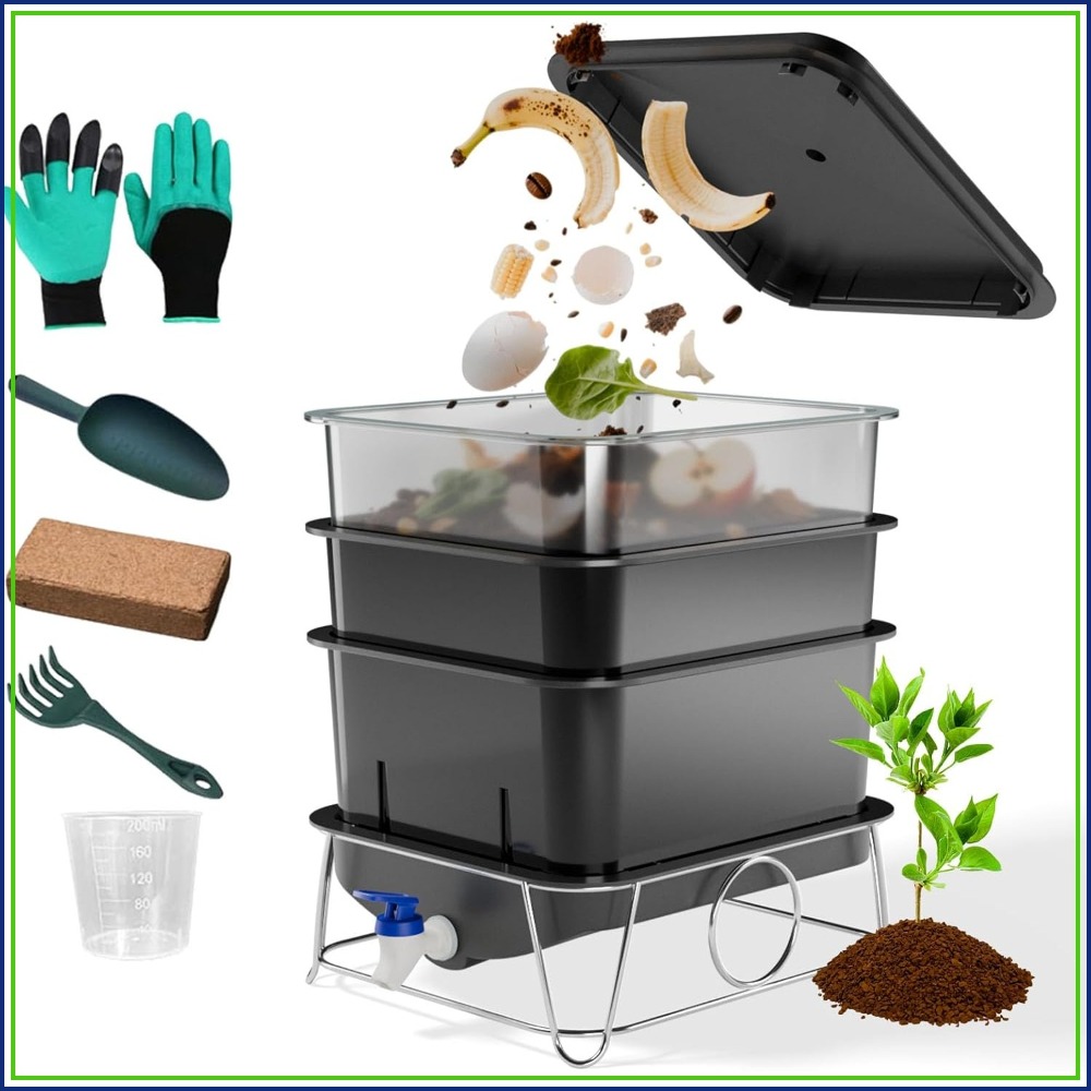 Composting Kit Indoor - 3-Tray 15L Worm Farm Composting Bin